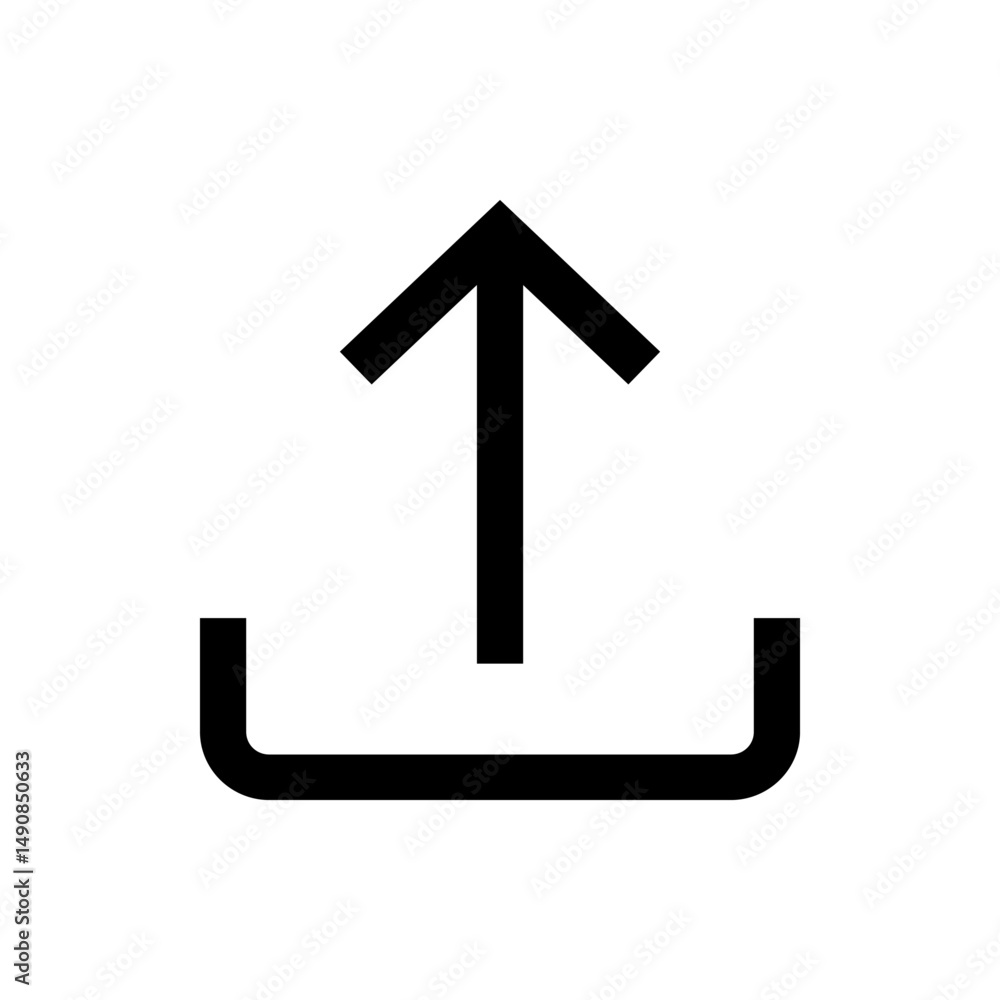 Poster illustration of a simple black upload icon with an arrow pointing upward from a base shape design