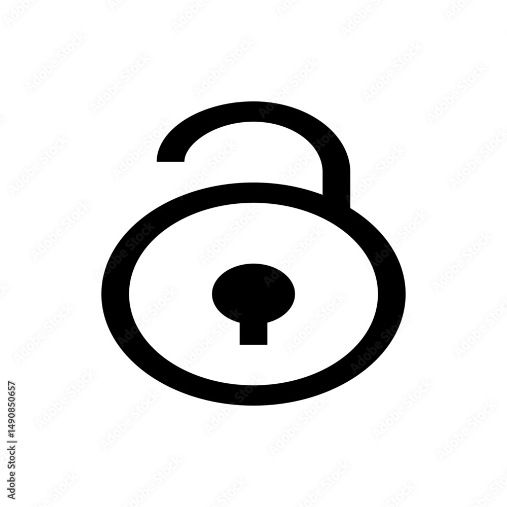 Poster illustration of a simple black and white open padlock with a keyhole in the center of the lock desig