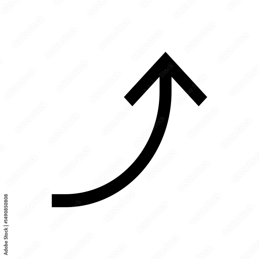 Poster a simple black curved arrow pointing upwards and to the right on a plain white background in vector 
