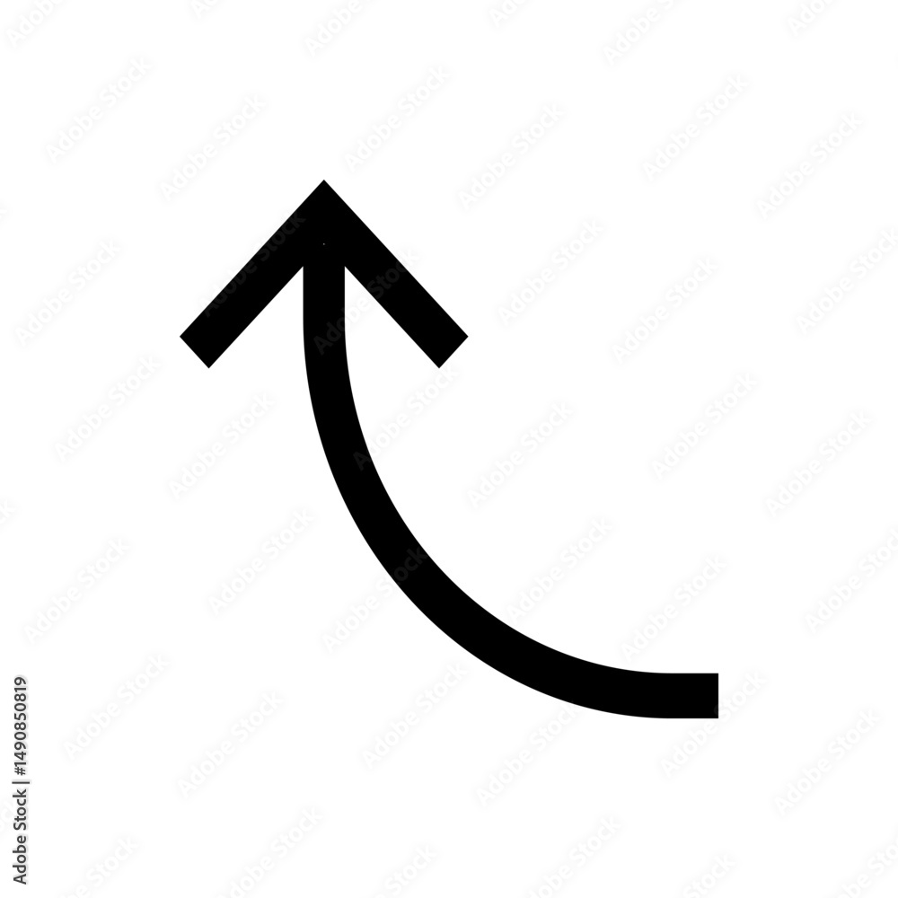 Aufkleber black curved arrow pointing upwards and to the left on a white background in a simple graphic style