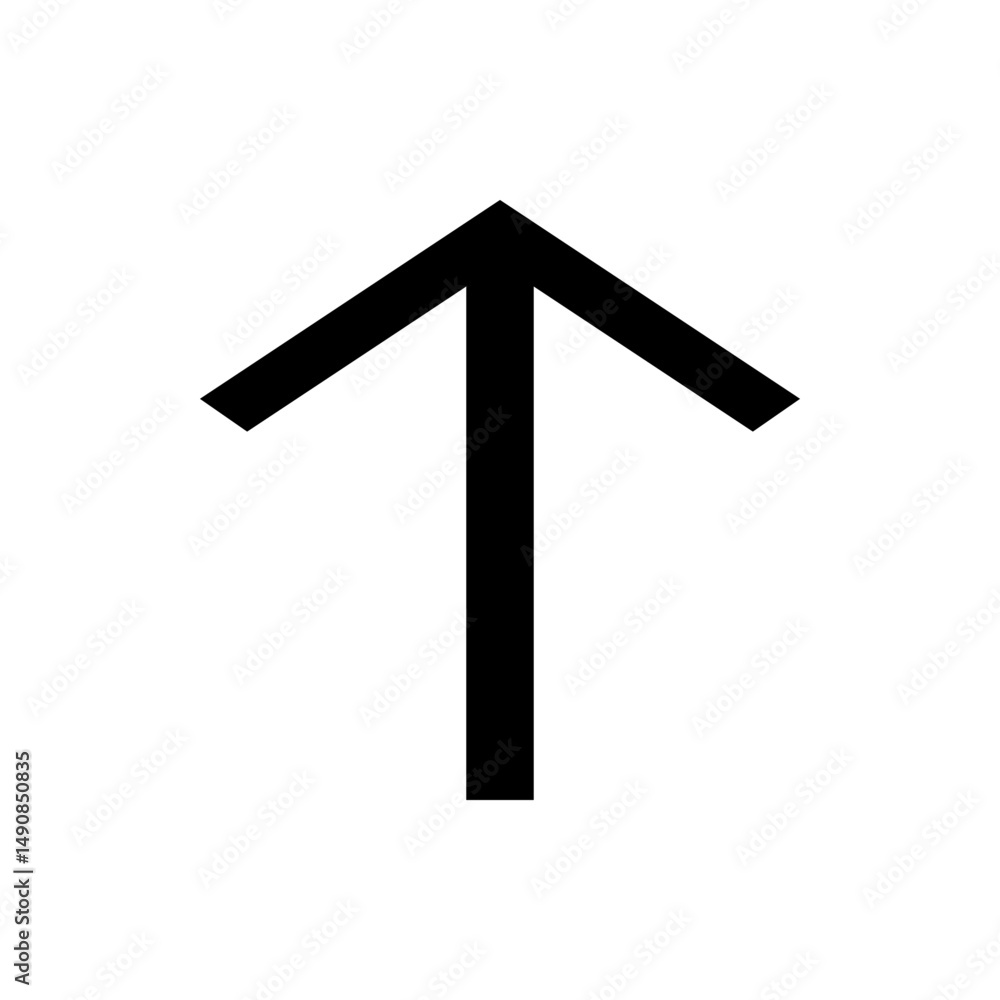 Poster illustration of a simple black arrow pointing upwards on a white background with a minimalist design
