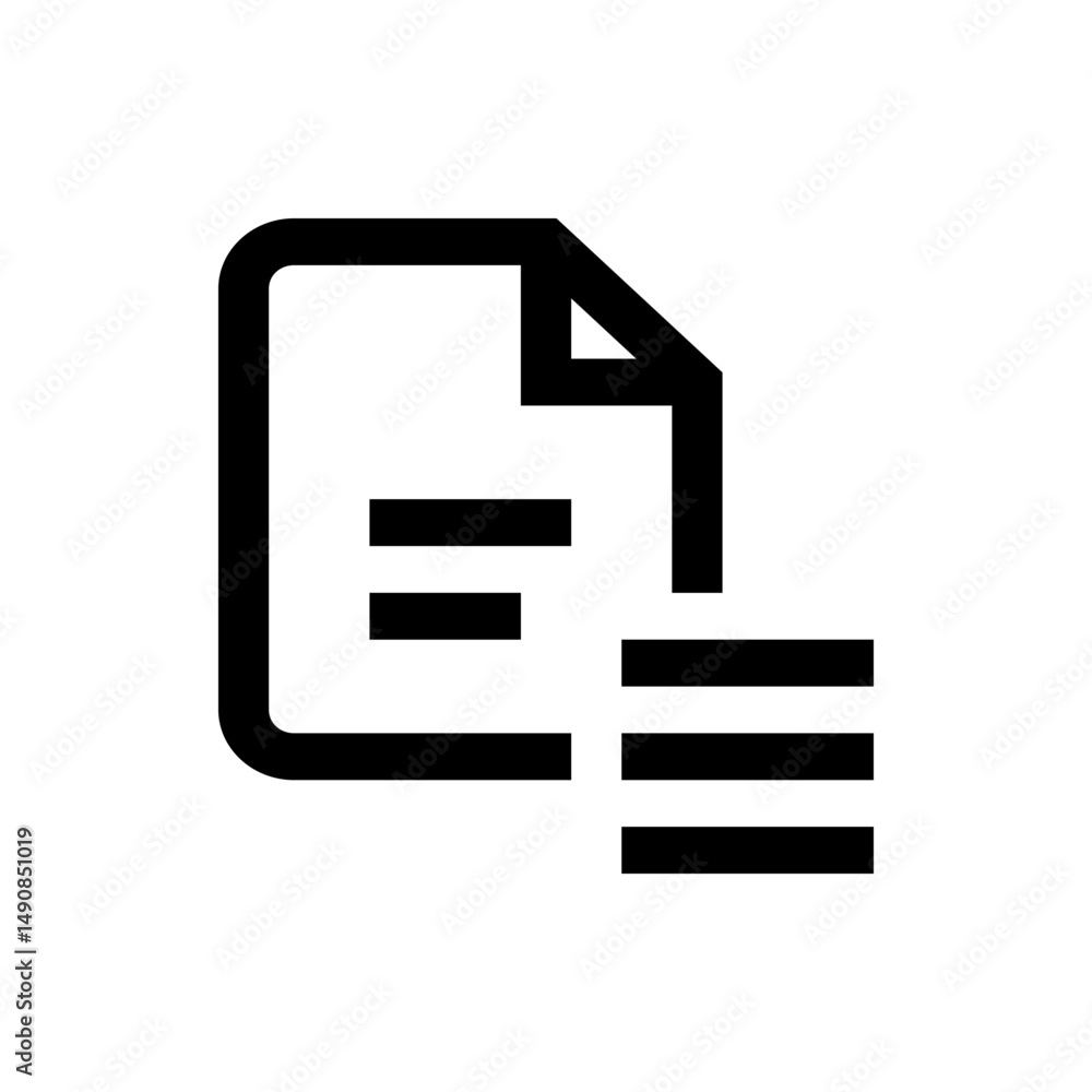 Poster a simple black and white icon representing a document with text lines and a folded corner design ele