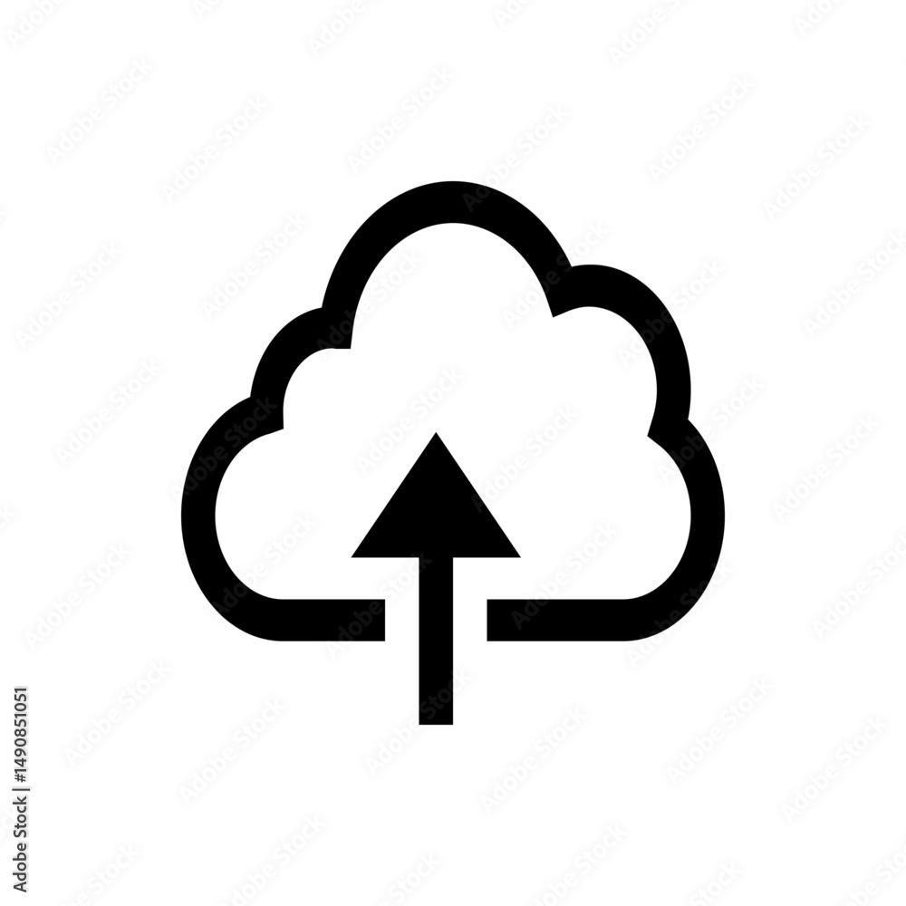 Poster a simple black and white icon featuring a cloud shape with an arrow pointing upwards indicating uplo