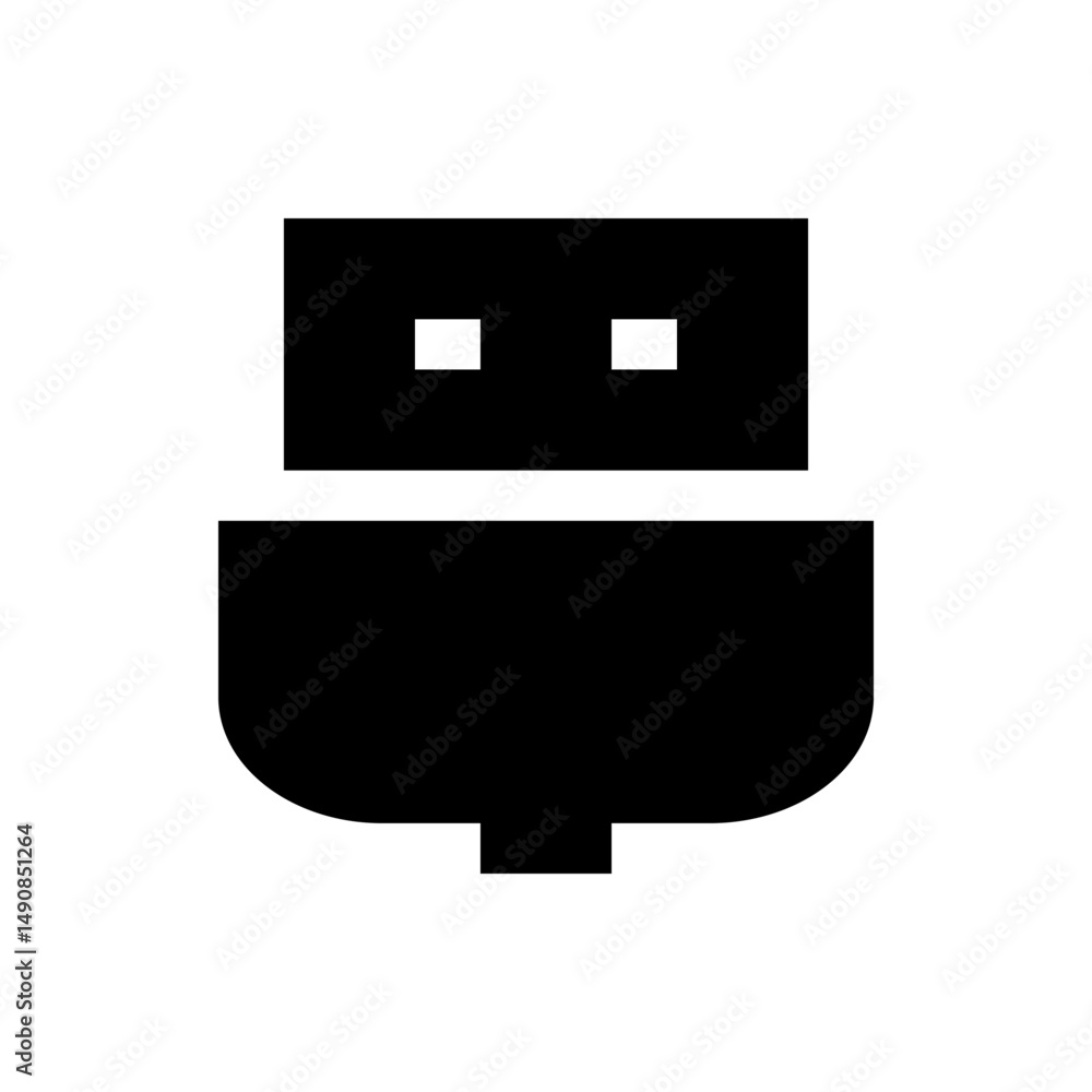 Poster illustration of a black usb connector with a rectangular head and two small square openings visible 