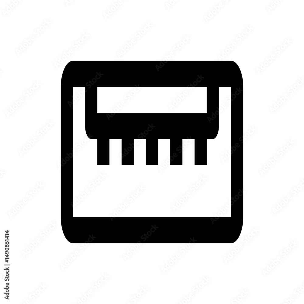 Poster illustration of a usb port with rounded corners and internal structure in black outline on a white b