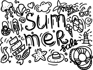 Hand-drawn summer sale doodles with beach and vacation elements  
