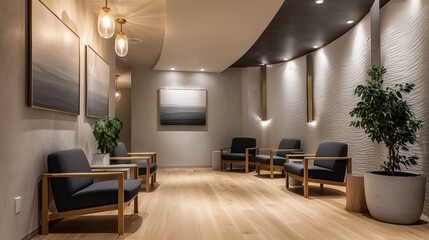 Modern waiting room with chairs and decorative wall panels