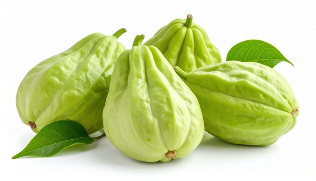  fresh chayotes isolated on white background, organic and healthy food, raw vegetable