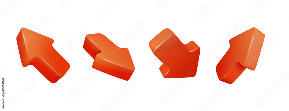 Poster red 3d arrows pointing in different directions. vector realistic arrow cursors set isolated. png