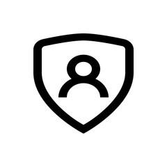 Black outline of a shield containing a stylized person icon indicating user security and protection concept