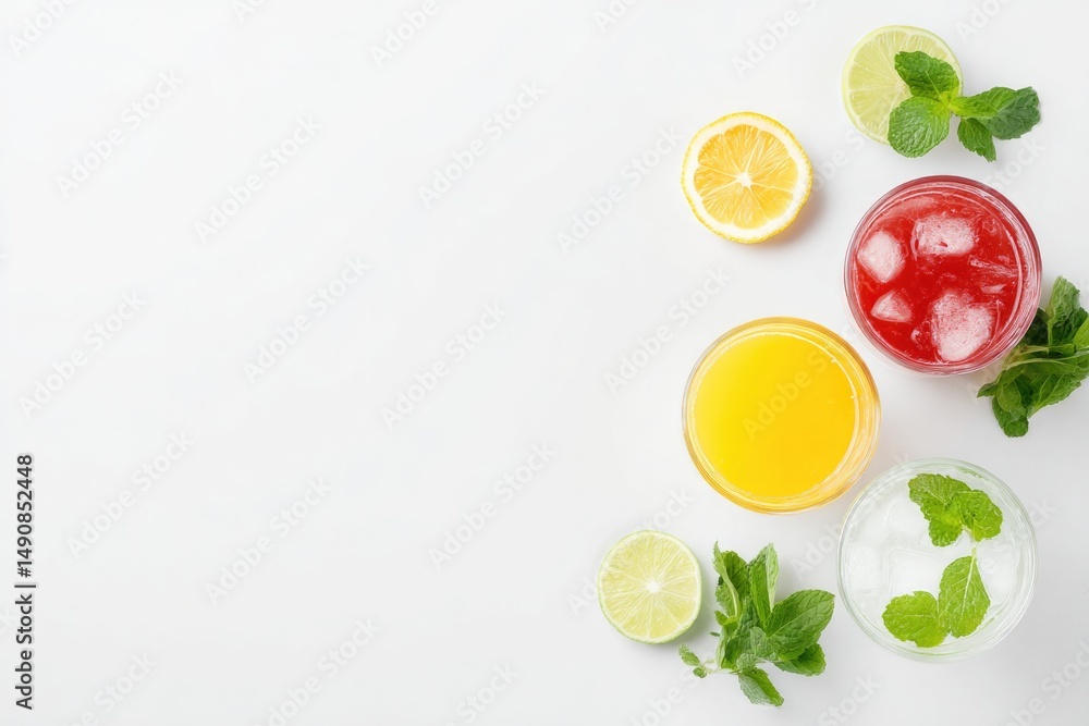 Poster minimalistic display of assorted beverages with ample copy space isolated on pristine white backgrou