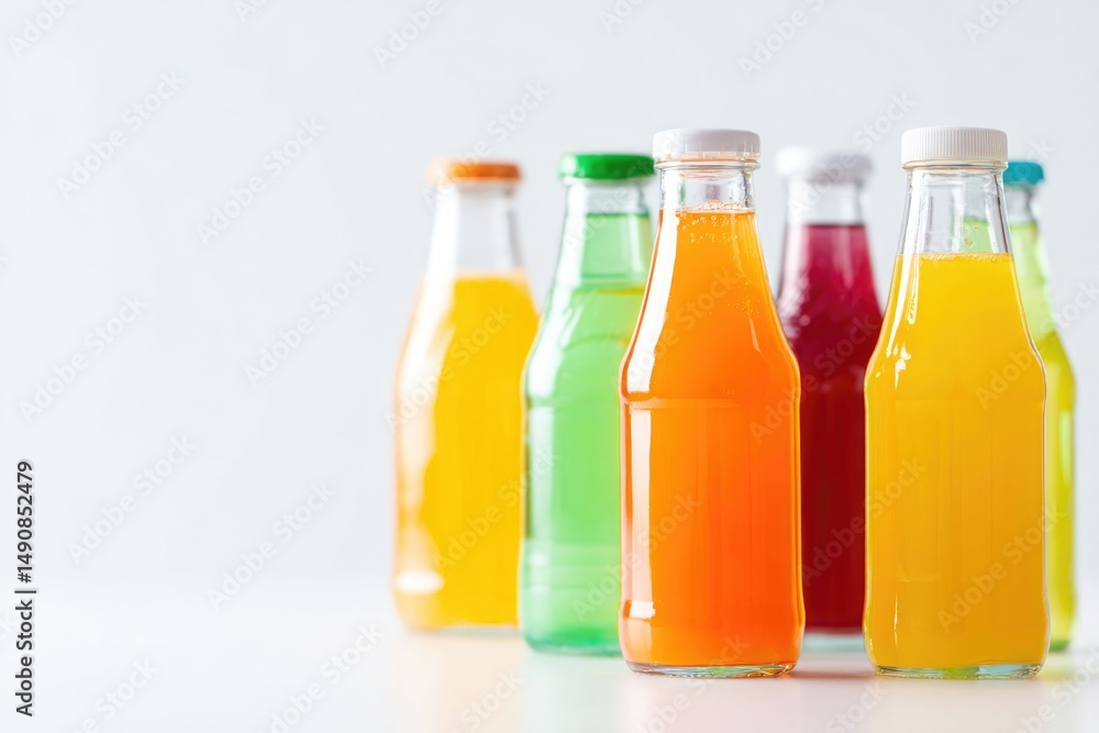 Poster minimalistic display of assorted beverages with ample copy space isolated on pristine white backgrou