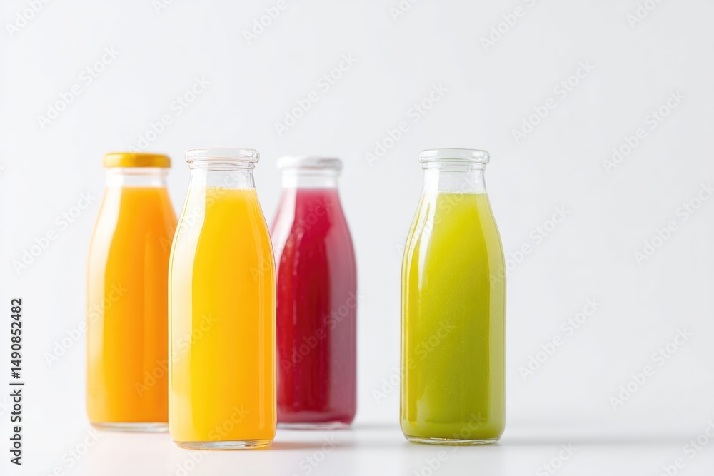 Poster minimalistic display of assorted beverages with ample copy space isolated on pristine white backgrou