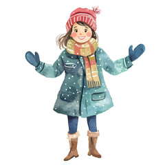 Cheerful Watercolor Girl in Winter Attire with Open Arms and Smiling Face