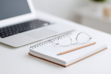 minimalistic desk with laptop planner and pencil on white surface