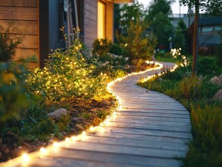 Obraz premium Twinkling garden pathway home exterior night scene tranquil environment close-up view serenity and ambiance