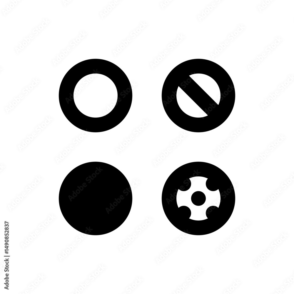 Poster four black circular icons with different designs on a white background in a square arrangement image
