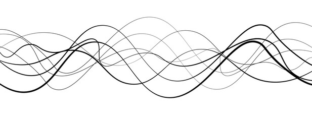 Abstract design featuring thin, elegant wave black lines flowing gracefully across a clean white background. The lines should appear delicate and dynamic, with smooth curves and varying opacity.