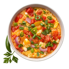 Menemen on white bowl top view isolated on white background