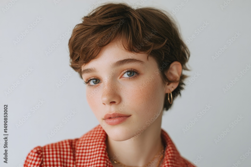 Poster minimalistic portrait of individual embodying retro lifestyle set against clean background with ampl