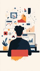 Person Working at Computer with Data Charts and Geometric Shapes