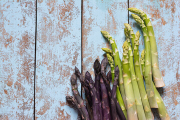 Raw purple, green asparagus on blue background. Healthy food concept, place for copy space. The vegetable is rich in fiber, a natural prebiotic.
