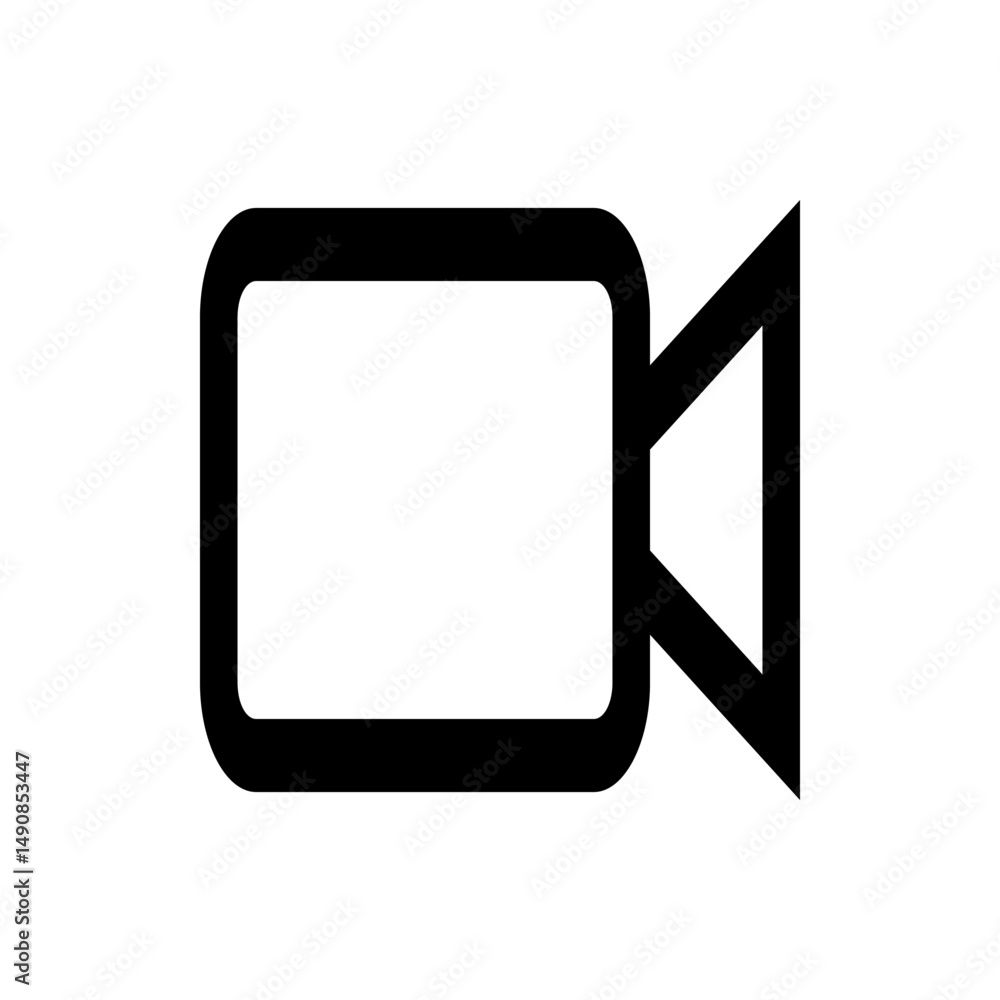 Poster illustration of a basic video camera icon with rounded rectangle and triangle, simple and minimalist