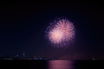 Fototapeta premium picture minimalistic scene of vivid independence day fireworks bursting against night sky over urban skyline evoking