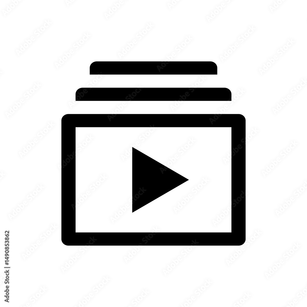 Poster stacked media player icon with play button and rounded rectangle frames in a simple black and white 