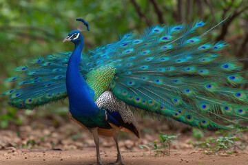 Obraz premium Blue and White Peacock with Wings Spread in a Green Garden