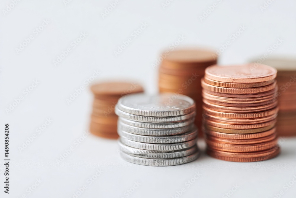 Poster stacks of various currency coins neatly arranged on plain white surface with ample copy space setup 