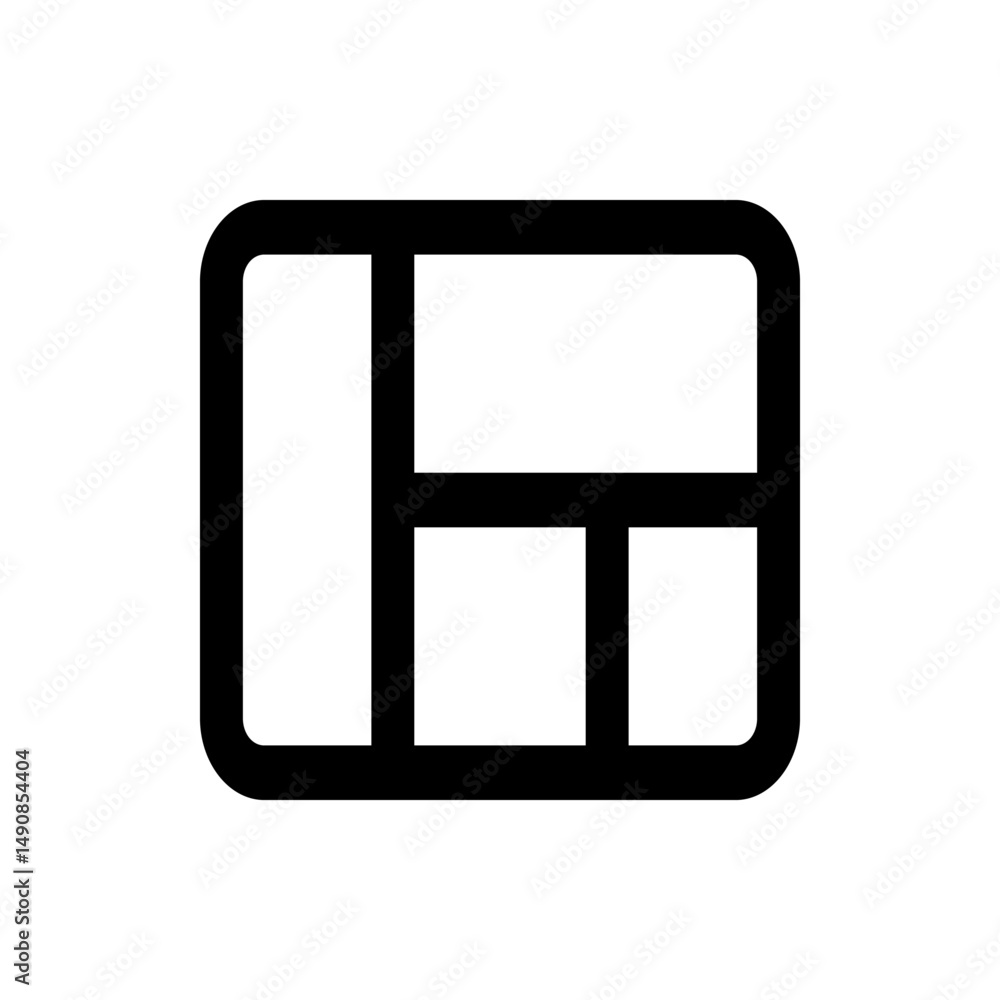Poster illustration of a rectangular layout with rounded corners and divided sections in black outline styl