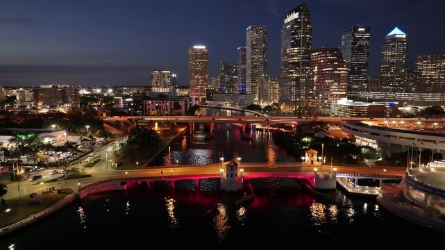Downtown Tampa At Tampa Florida United States. City Skyline Showing Modern And Traditional Architecture. Building Industrial Skyline Bird View Stunning. Bird View Flyover Night. Tampa Florida.