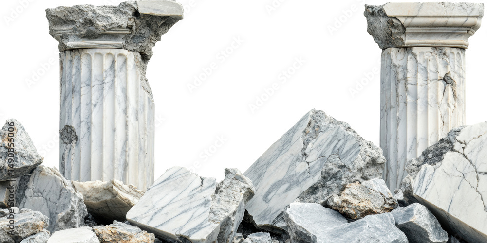 Poster ruined marble columns and debris. symbol of ancient architecture and historical decay isolated on tr