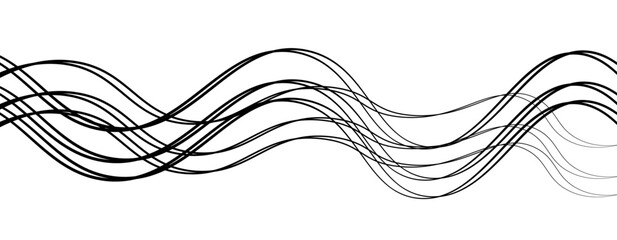 Abstract design featuring thin, elegant wave black lines flowing gracefully across a clean white background. The lines should appear delicate and dynamic, with smooth curves and varying opacity.