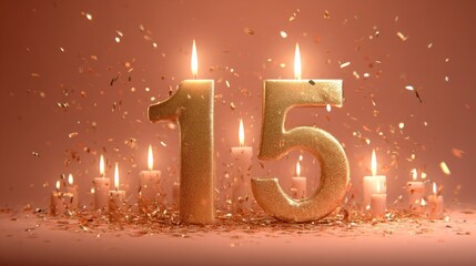 Gold 15th birthday celebration with candles and confetti