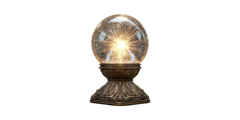 Antique Crystal Ball With Glowing Light Ornate Base. Mystical And Decorative Object Isolated On Transparent Background