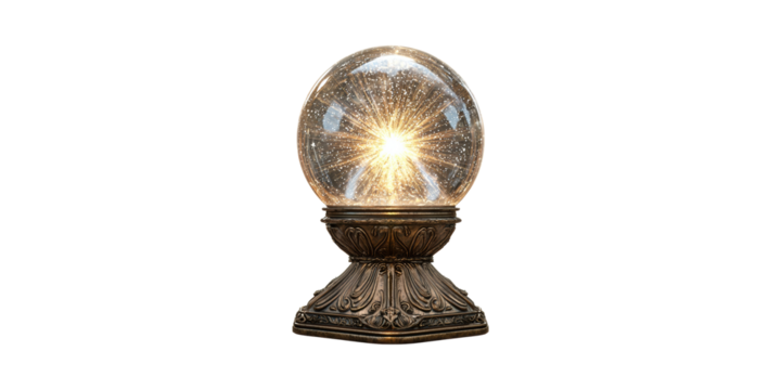 Antique Crystal Ball With Glowing Light Ornate Base. Mystical And Decorative Object Isolated On Transparent Background