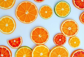 Vibrant citrus slices arranged on a white background, showcasing their juicy texture and bright colors,  clean eating, lemon