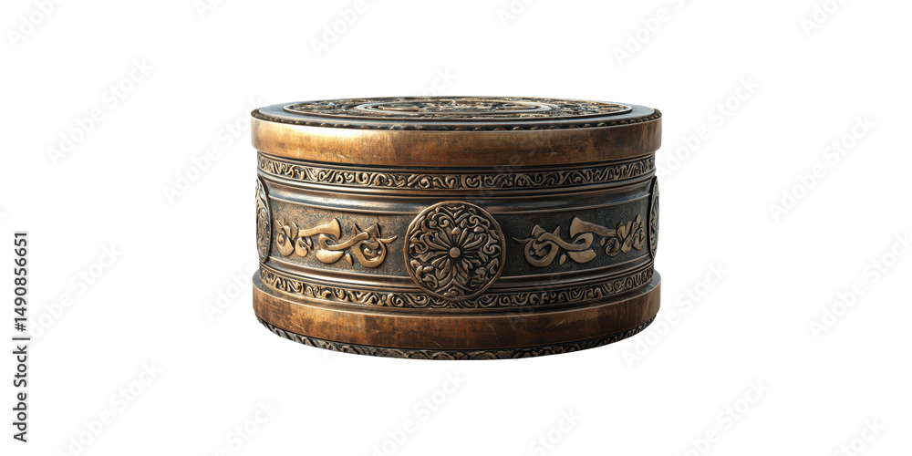Poster ornate bronze circular box with intricate patterns. decorative storage and antique design isolated o