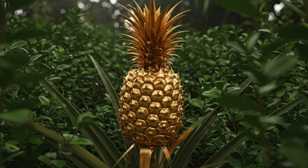 Golden Pineapple in Lush Tropical Foliage - A glistening golden pineapple stands amidst vibrant green tropical leaves, symbolizing luxury, abundance, exoticism, growth, and hidden treasure