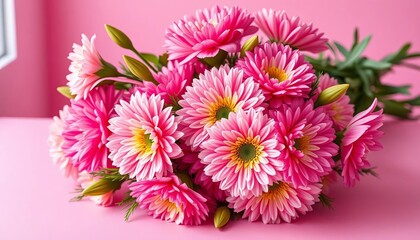 Vibrant carnation bouquet arranged on a pink table,  texture,  floral design