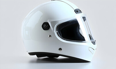 Glossy white full-face helmet with a clear visor, showcasing its sleek design on a plain light gray background