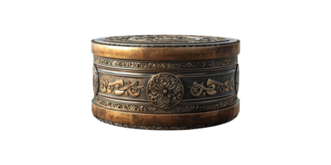 Ornate Bronze Circular Box With Intricate Patterns. Decorative Storage And Antique Design Isolated On Transparent Background