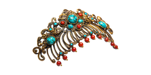 Ornate Vintage Hair Comb With Turquoise And Red Beads. Elegant Accessory For Traditional Styling Isolated On Transparent Background
