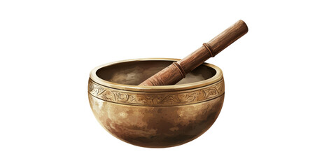 Tibetan Singing Bowl With Wooden Mallet. Meditation And Sound Healing Tool Isolated On Transparent Background