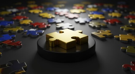 Golden Puzzle Piece Solution - A single gold puzzle piece stands out on a black pedestal, surrounded by colorful puzzle pieces on a dark surface. Represents solution, success, and completion