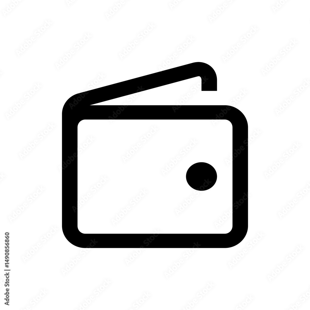 Poster simple black and white line drawing of an open wallet with a clasp on the front right side view icon