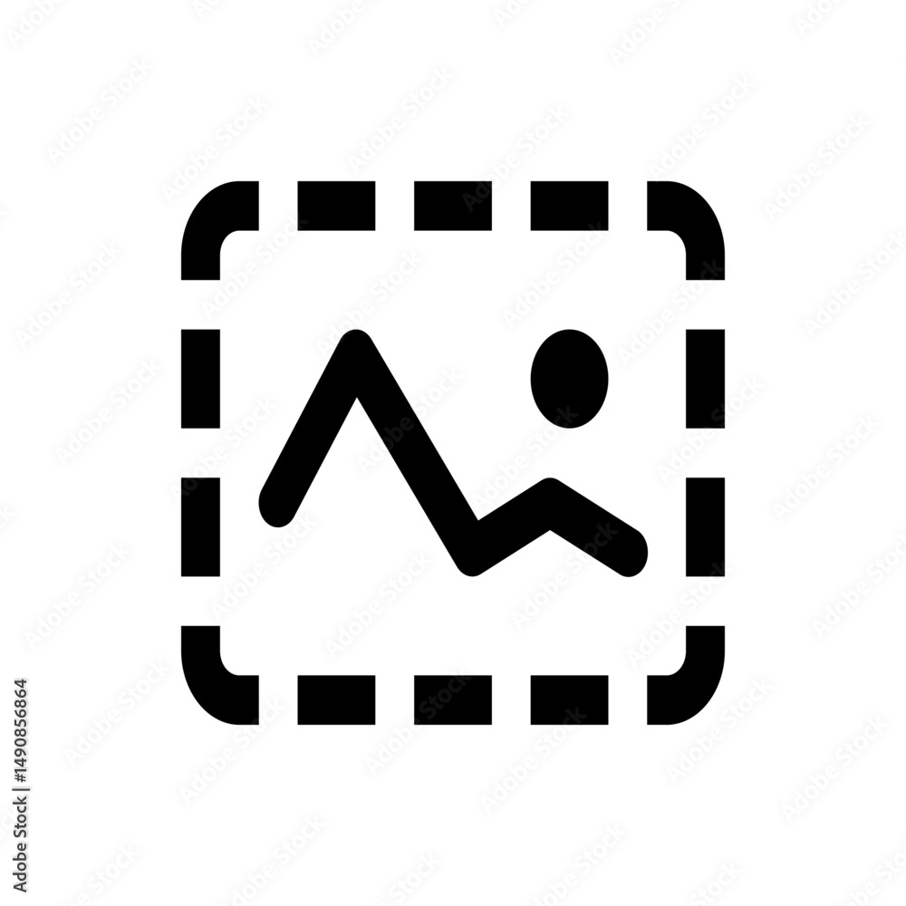 Aufkleber image icon with landscape and sun inside a dashed border representing a picture or graphic element d
