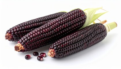  fresh purple corn isolated on white background, organic and healthy food, raw vegetable, corn on the cobs